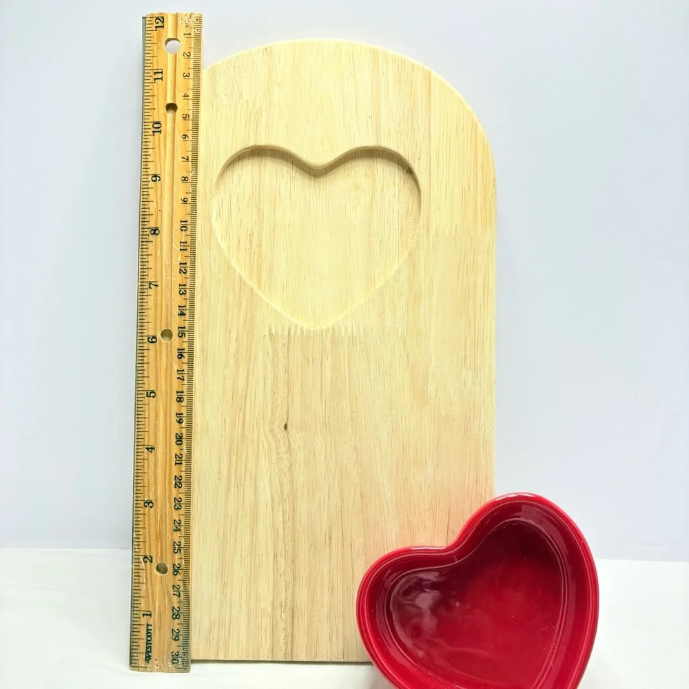 Heart-Shaped Red Bowl with Wooden Cutting Board